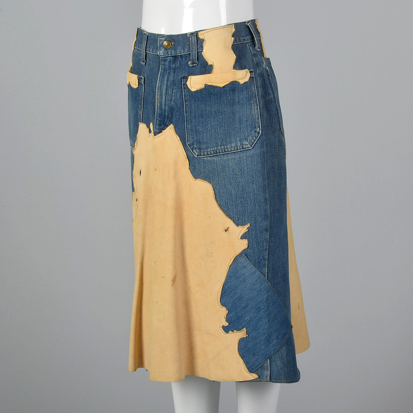 1970s Bohemian  Denim & Leather Patch Skirt