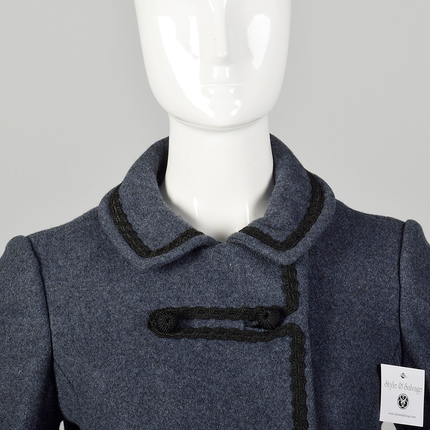 XXS 1960s Coat Blue Wool Babydoll Mod Black Military Trim Winter Heavyweight Winter Coat