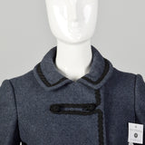 XXS 1960s Coat Blue Wool Babydoll Mod Black Military Trim Winter Heavyweight Winter Coat