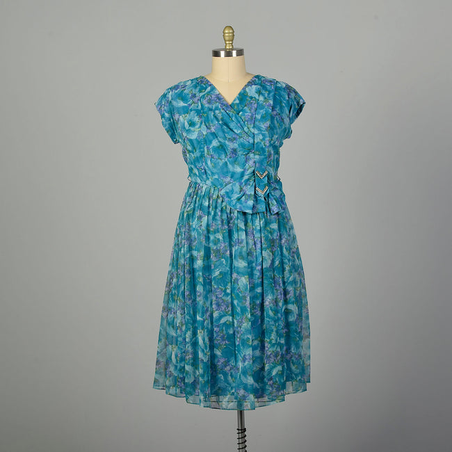 XL 1950s Dress Blue Short Sleeve Floral Volup Cocktail Party