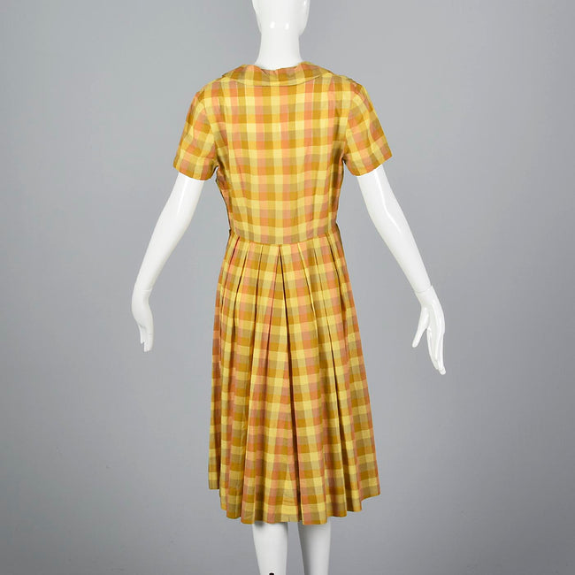 1950s Yellow Plaid Cotton Day Dress