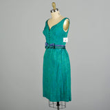 XS 1960s Blue Green Brocade Cocktail Dress Sleeveless Jewel Tone V-Neck Party Dress