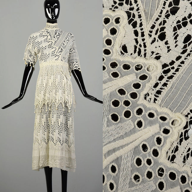 XS 1910s Cotton Lace Dress Pom Pom Fringe Cotton Lace Gauze