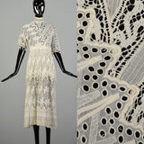 XS 1910s Cotton Lace Dress Pom Pom Fringe Cotton Lace Gauze