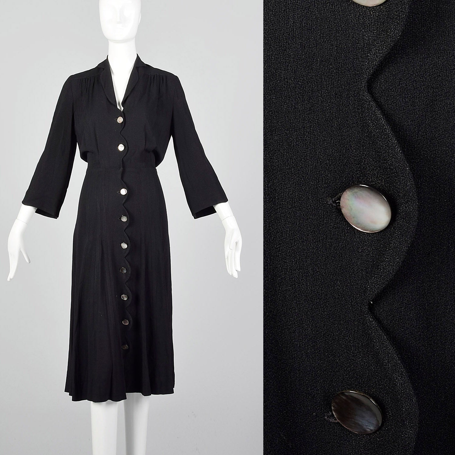 1940s Scalloped Black Rayon Dress