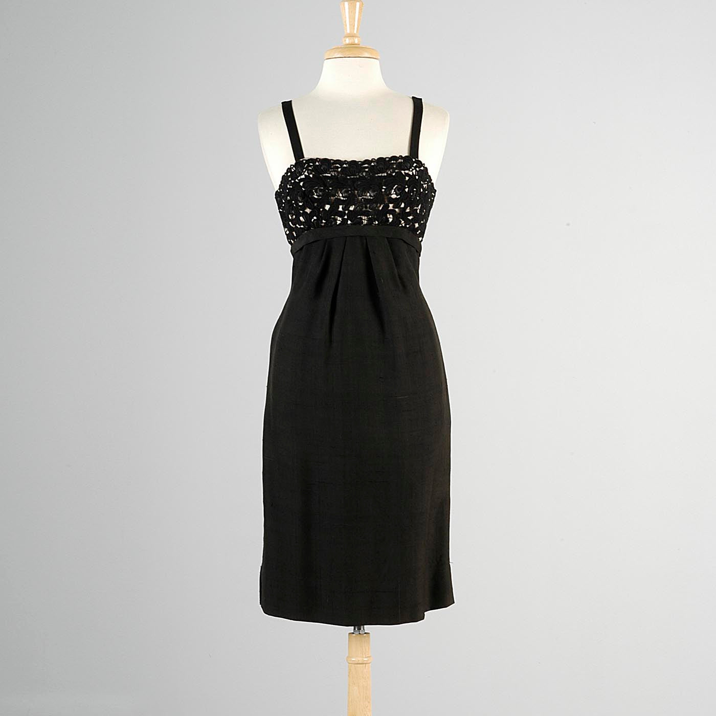 1950s Black Silk Dress with Illusion Bust