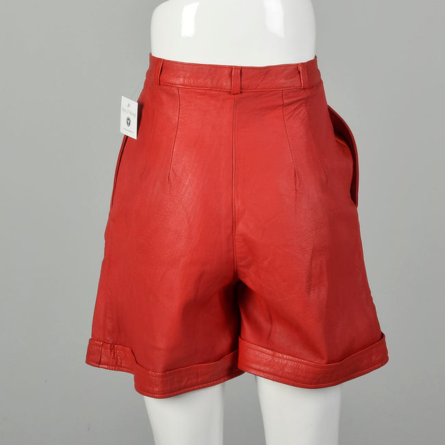 XS 1980s Red Leather Shorts Pleated Button Front Sexy Cuffed Bottoms