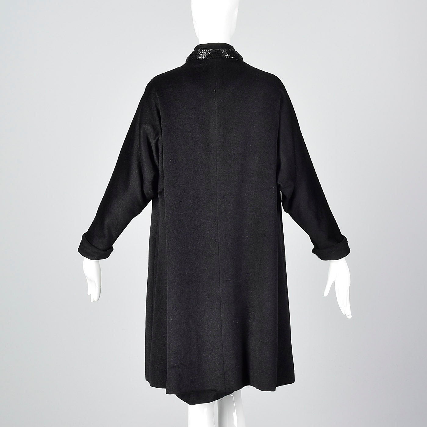 1950s Black Wool Swing Coat with Beaded Collar