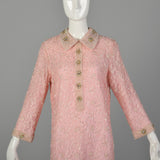Large 1960s Mod Pink Dress Beaded Lace Long Sleeve Cocktail Party