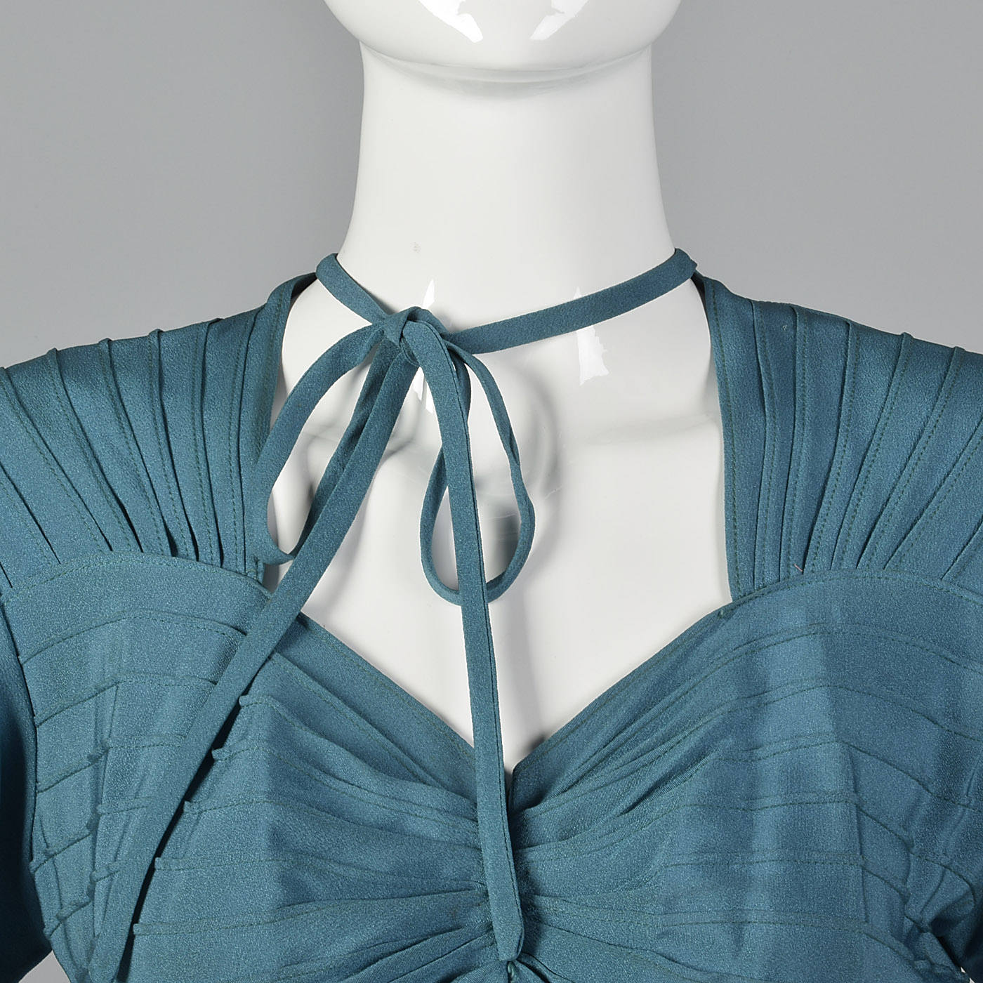 1940s Teal Rayon Dress with Neck Tie