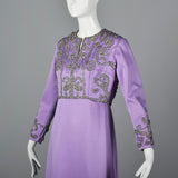 1960s Purple Statin Maxi Dress with Beaded Bodice