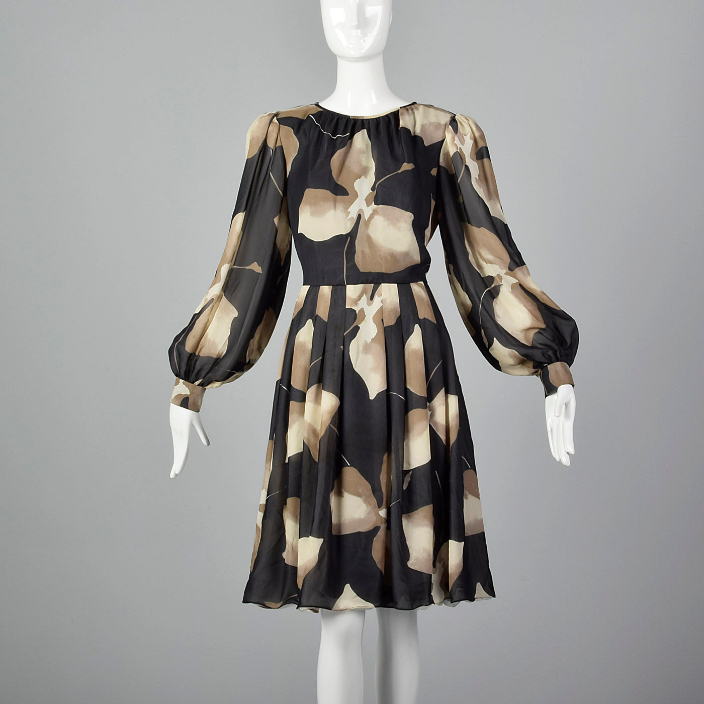 1980s Michael Novarese Tan Abstract Print Dress