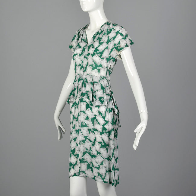 XS 1940s Novelty Print Peplum Dress