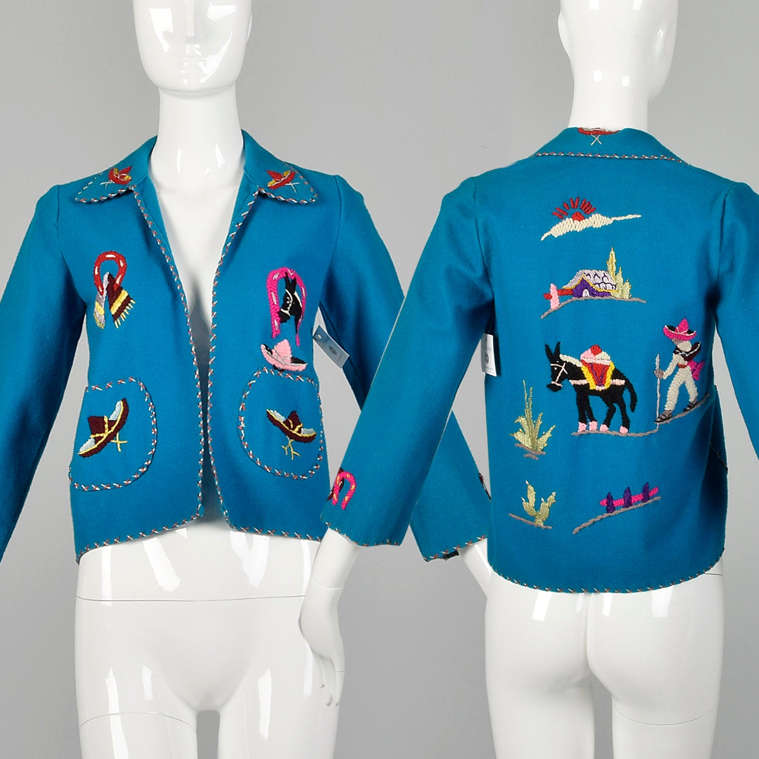 XXS 1950s Souvenir Mexican Tourist Jacket Blue Teal Embroidered Horseshoe Donkey Wool Jacket