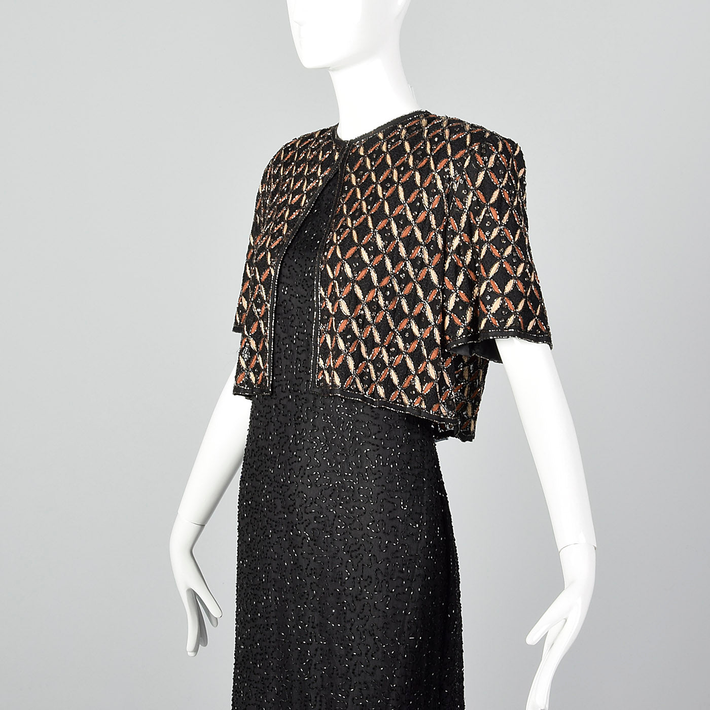 1990s Black Beaded Faux Jacket Maxi Dress