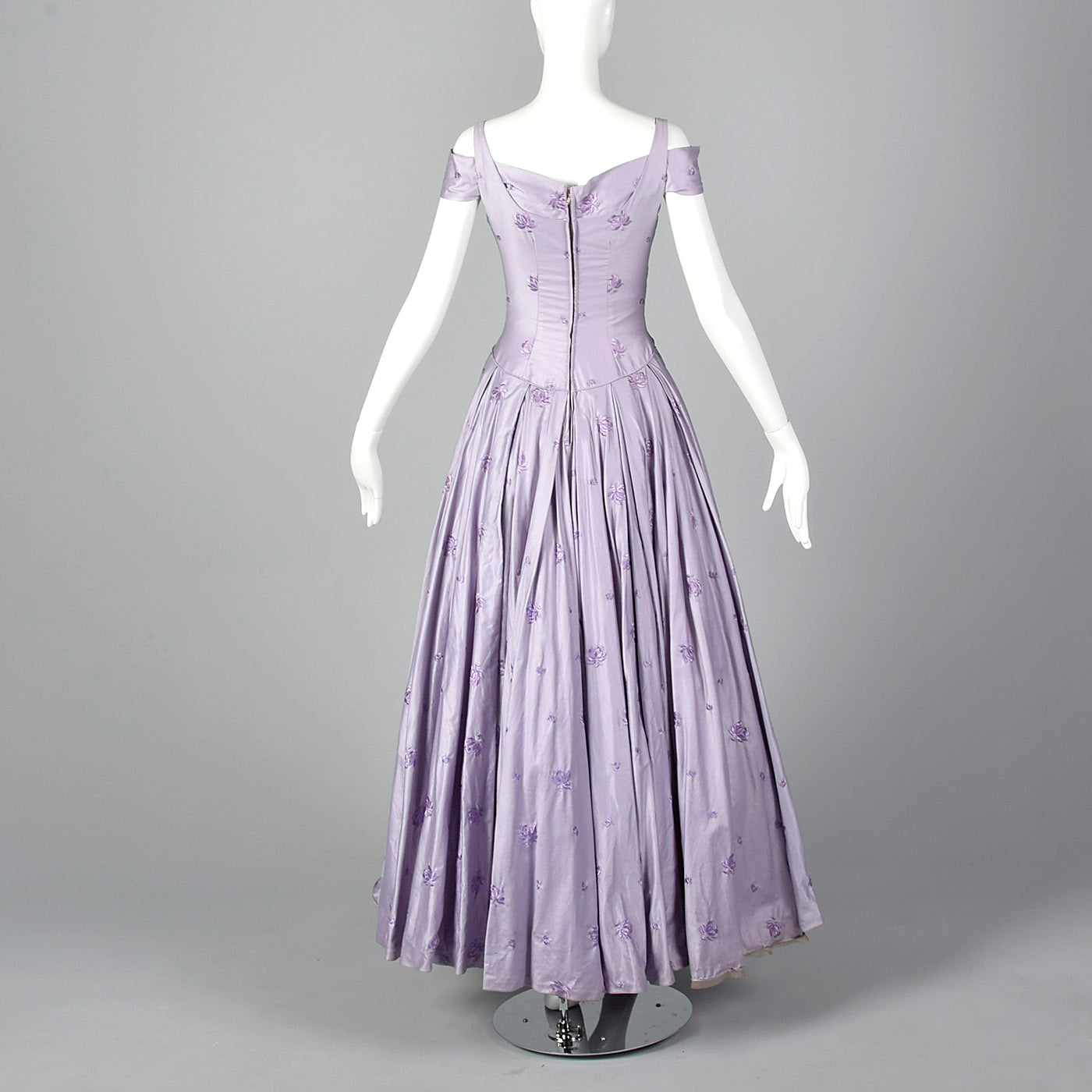 1950s Lavender Evening Dress with Floral Embroidery
