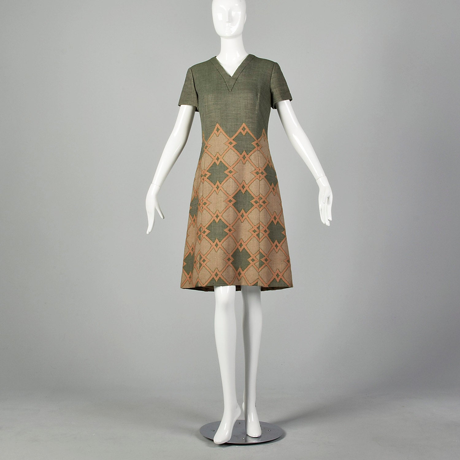 Large 1970s Green Geometric Italian Couture Dress Jacket Set