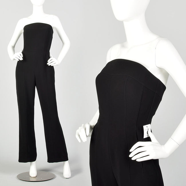 XS Thierry Mugler Sexy Black Strapless Wide Leg Jumpsuit