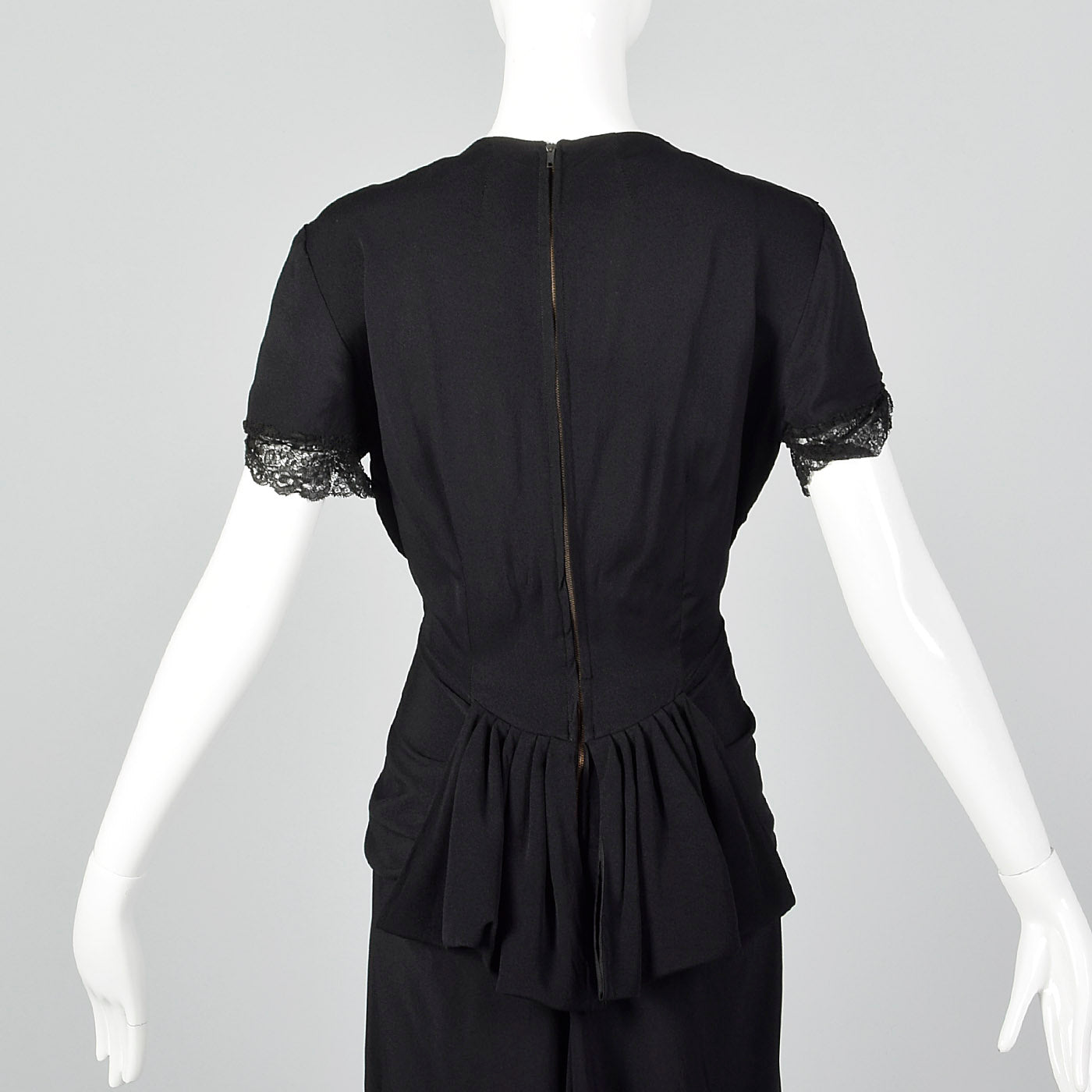 1940s Black Peplum Dress with Lace Collar and Cuffs