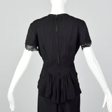 1940s Black Peplum Dress with Lace Collar and Cuffs