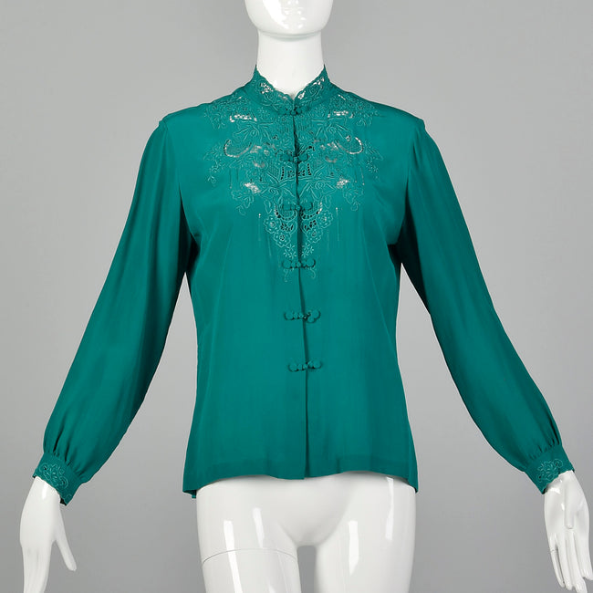 Medium 1960s Kelly Green Silk Blouse