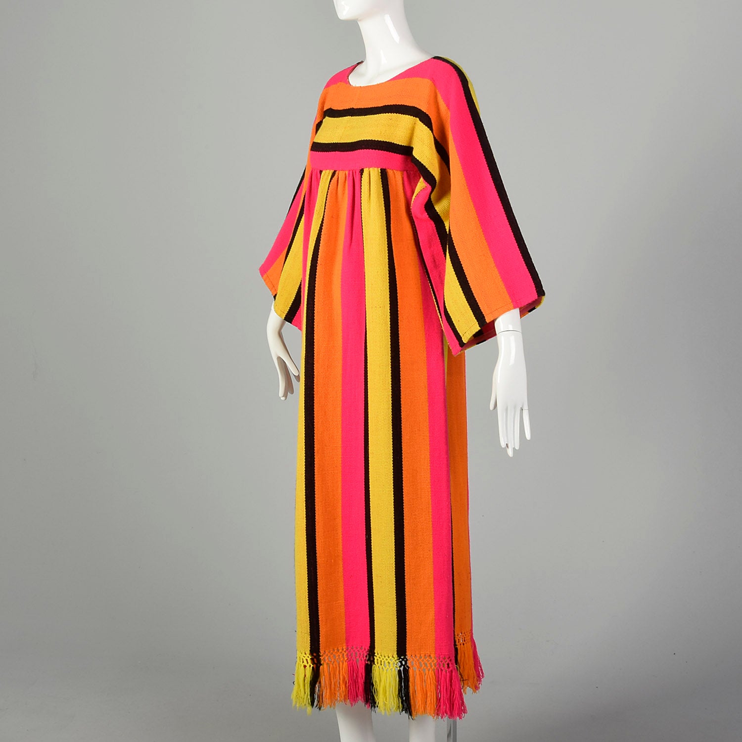 XXS 1970s Dress Long Sleeve Maxi Fringe Hem Hot Pink Bold Stripes