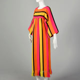 XXS 1970s Dress Long Sleeve Maxi Fringe Hem Hot Pink Bold Stripes