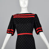1980s Oleg Cassini Black Silk Dress with Red Trim