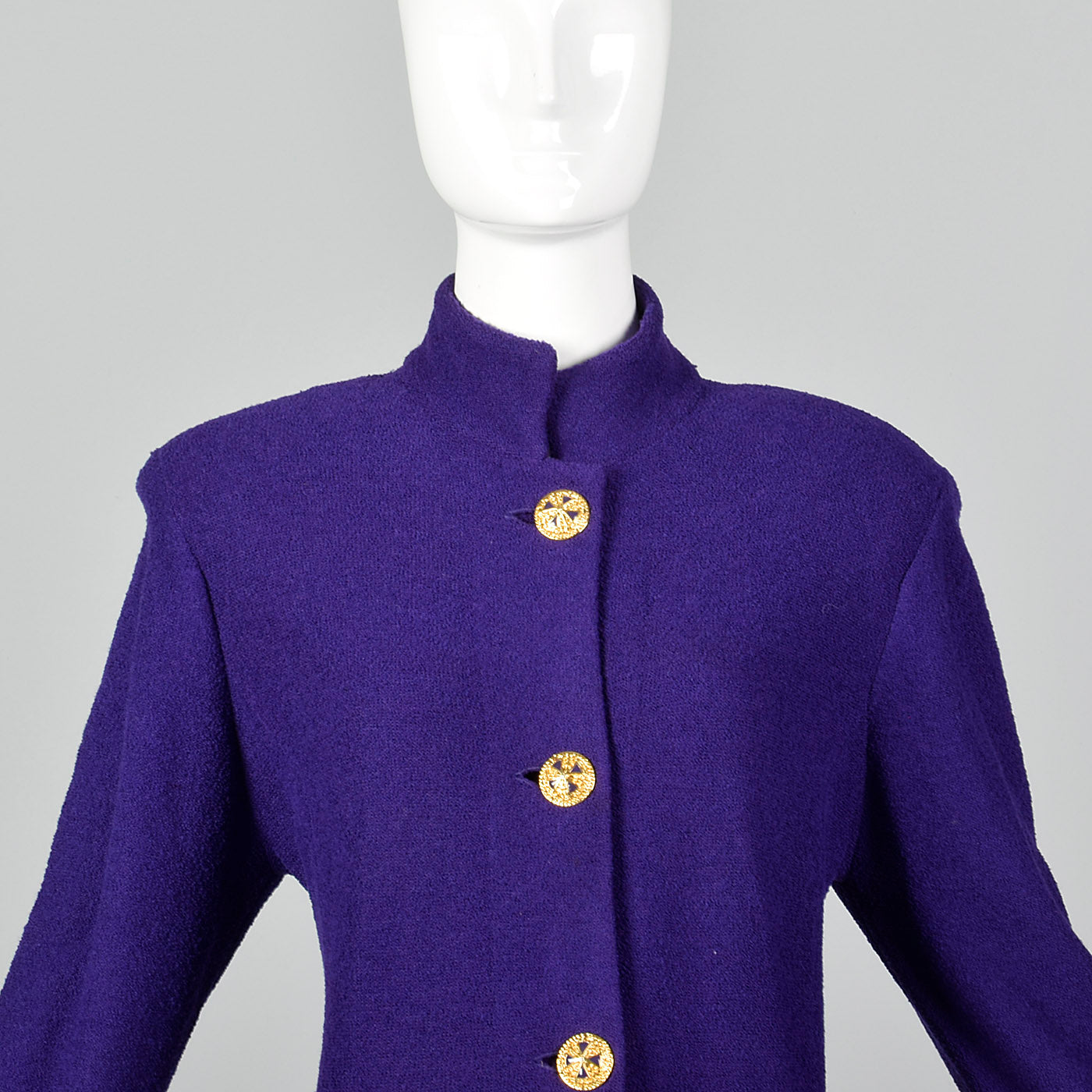 1980s St John Purple Knit Dress with Shoulder Pads and Gold Button Front
