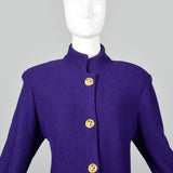 1980s St John Purple Knit Dress with Shoulder Pads and Gold Button Front