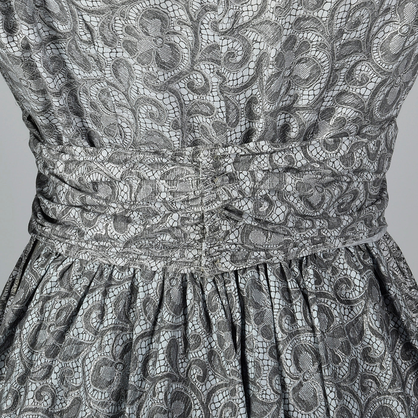 1950s Gray Cotton Lace Print Dress