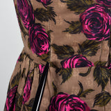 1950s Brown and Pink Rose Print Dress