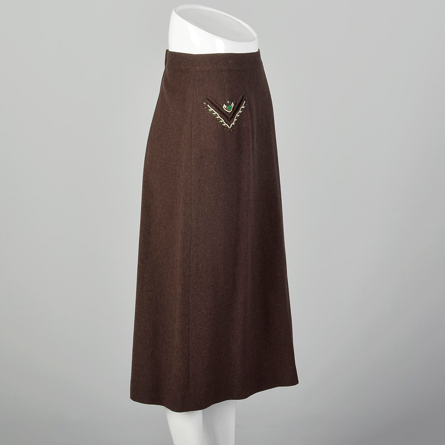 Medium 1950s Brown Wool Skirt With Decorative Beading