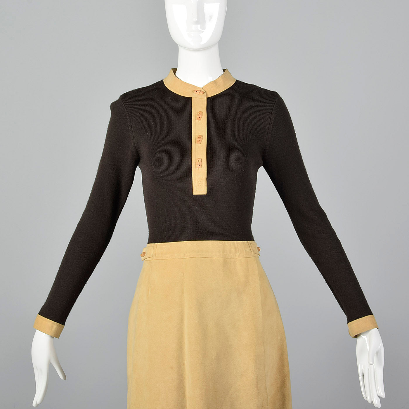 1970s Brown Knit and Leather Dress
