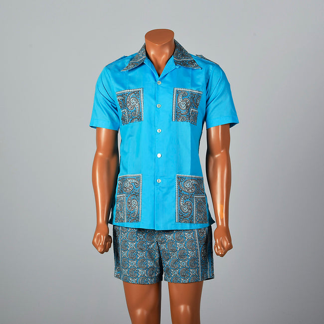 Deadstock 1950s Mens Cabana Set, Loop Collar Shirt & Matching Shorts