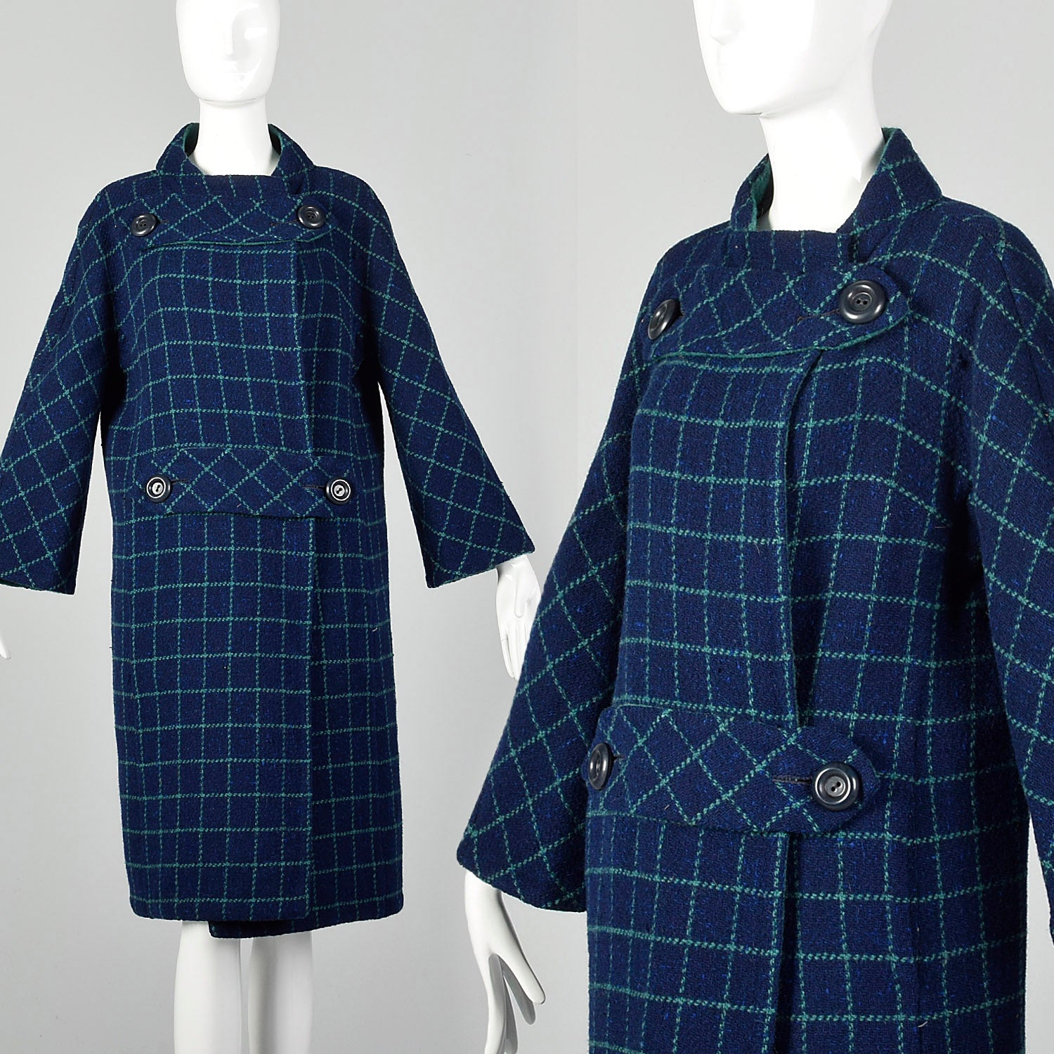 Medium Pauline Trigere 1960s Mod Blue Plaid Wool Blanket Coat