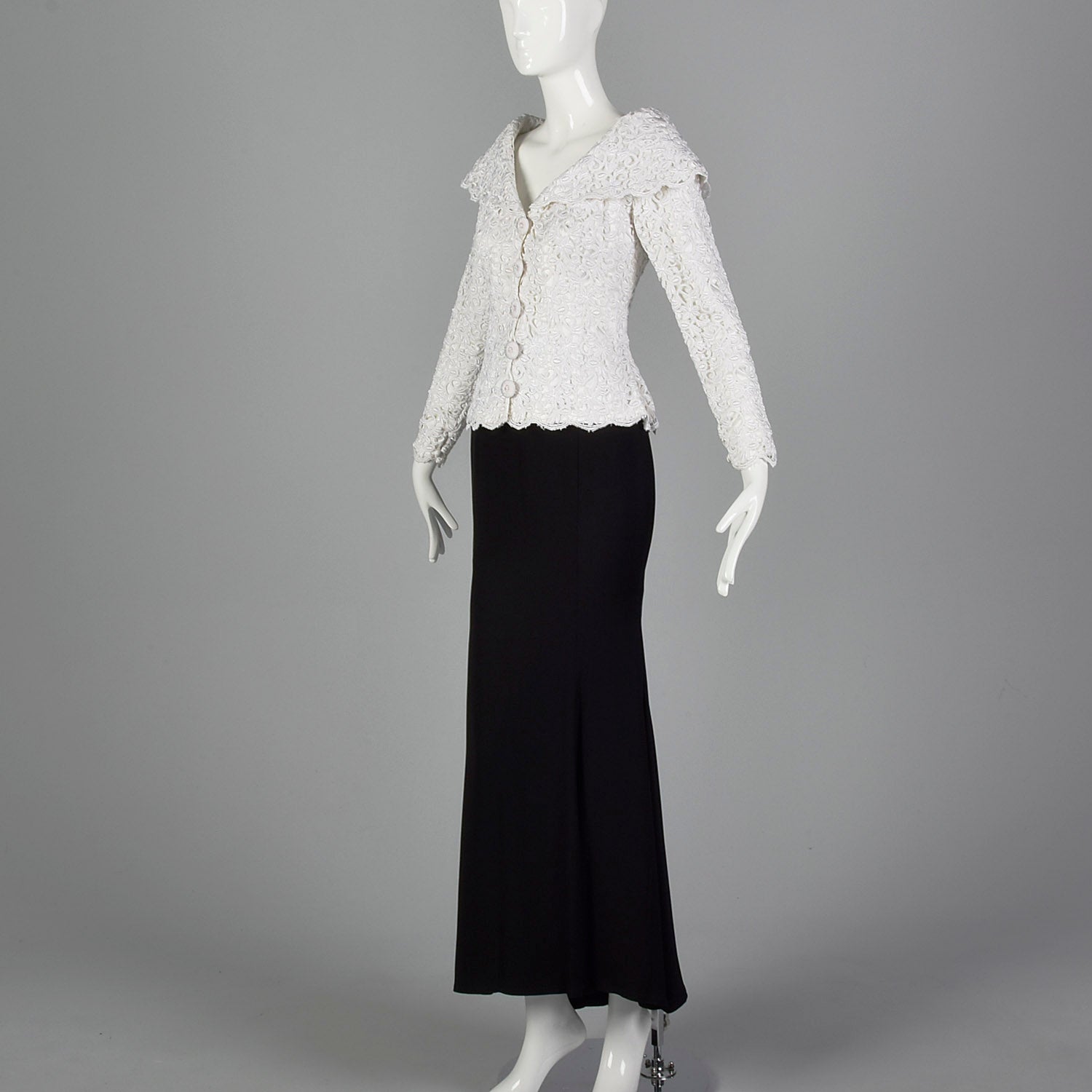1990s Saks Fifth Ave White Lace Top with Black Mermaid Skirt