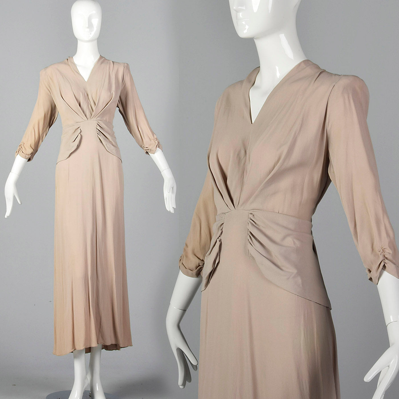 1940s Tan Crepe Dress with Gathered Bodice