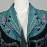 Medium Denim Jacket 1980s Bolero Fringe Jean Teal Southwestern