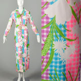 Large 1970s Colorful Maxi Dress White Floral Bright Belt Long Sleeve