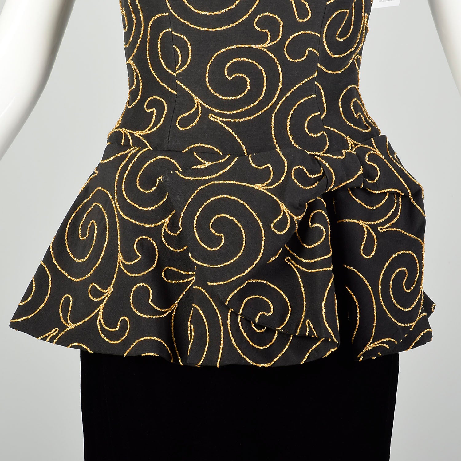 Small 1980s Nipon Black Strapless Party Dress Peplum with Gold Swirl Style & Salvage Small 1980s Nipon Black Strapless Party Dress Peplum with Gold Swirl Style & Salvage