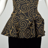 Small 1980s Nipon Black Strapless Party Dress Peplum with Gold Swirl