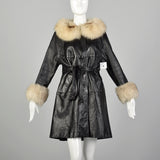 Medium 1960s Black Leather Coat with Fox Fur Trim