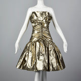 1980s Victor Costa Metallic Gold Strapless Party Dress