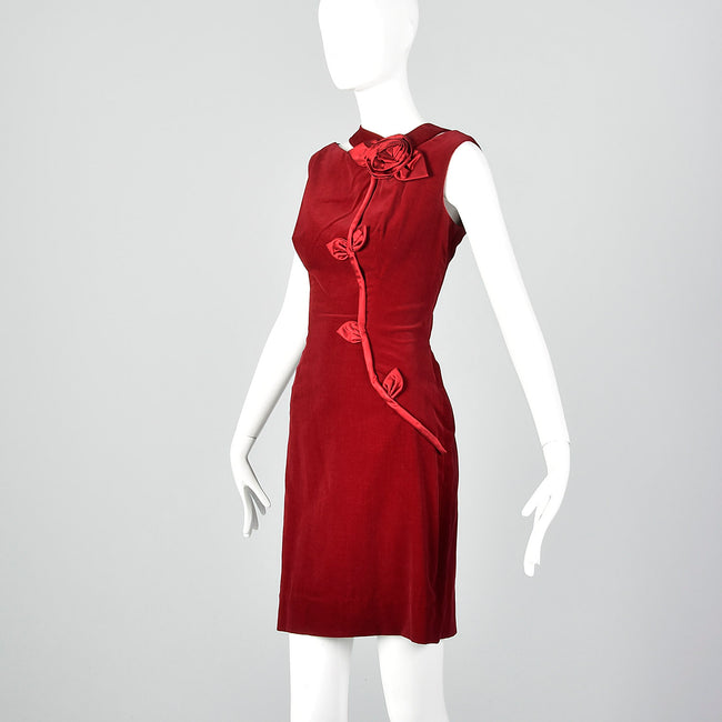 1960s Red Velvet Dress with Asymmetrical Neckline