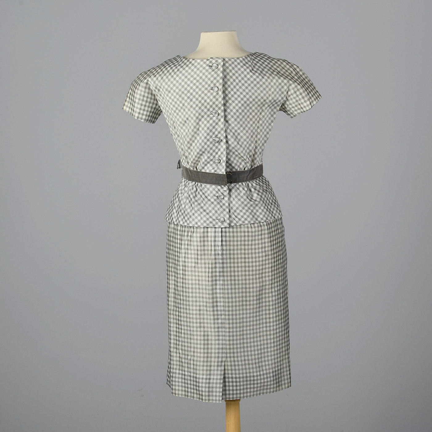 1950s Gray and White Gingham Dress with Velvet Waist Band
