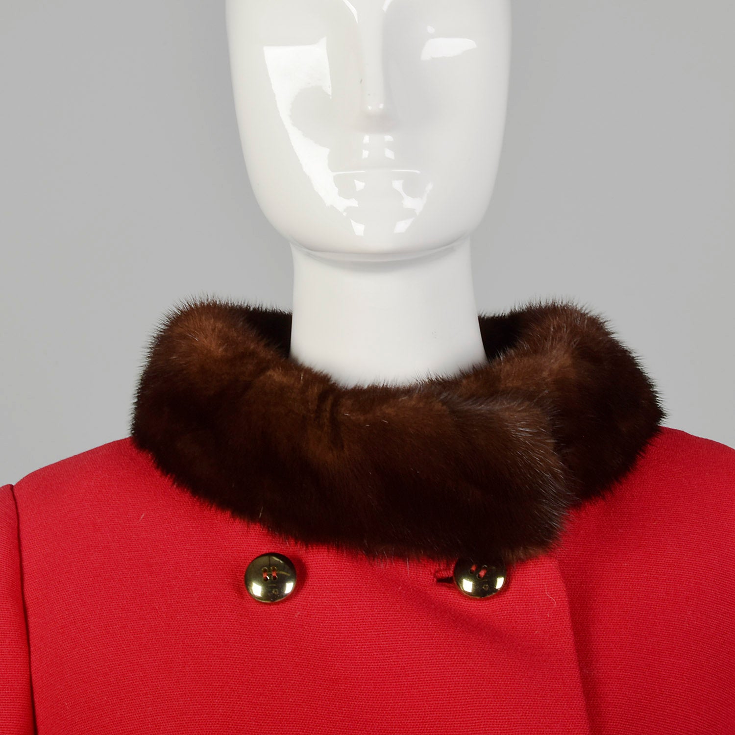 XS 1960s Mink Fur Trim Red Winter Coat Mod Double Breasted A-Line