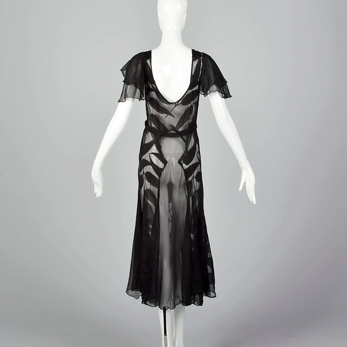 1930s Sheer Black Silk Dress with Abstract Leaf Design