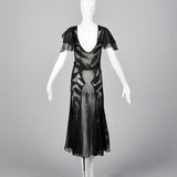 1930s Sheer Black Silk Dress with Abstract Leaf Design