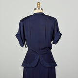 Large 1940s Dress Navy Blue Rayon Peplum Low Cut 'V' Neckline